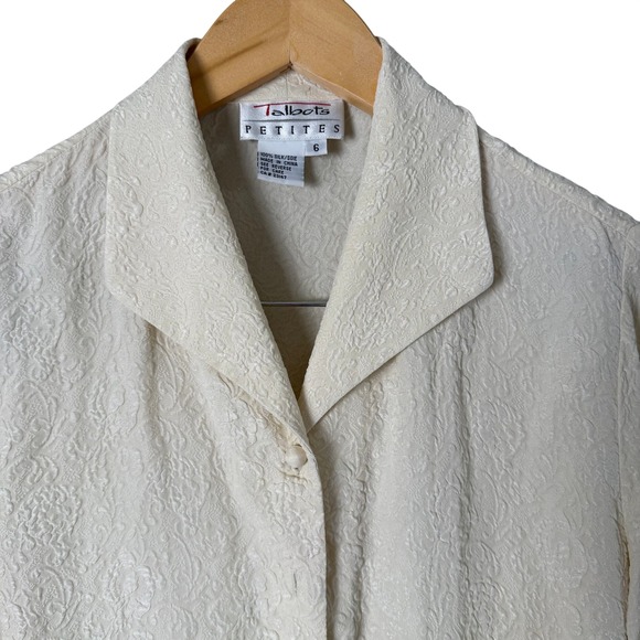 Vintage Talbots Cream Jacquard Silk Button Up Shirt Blouse Size 6 - Picture 5 of 11